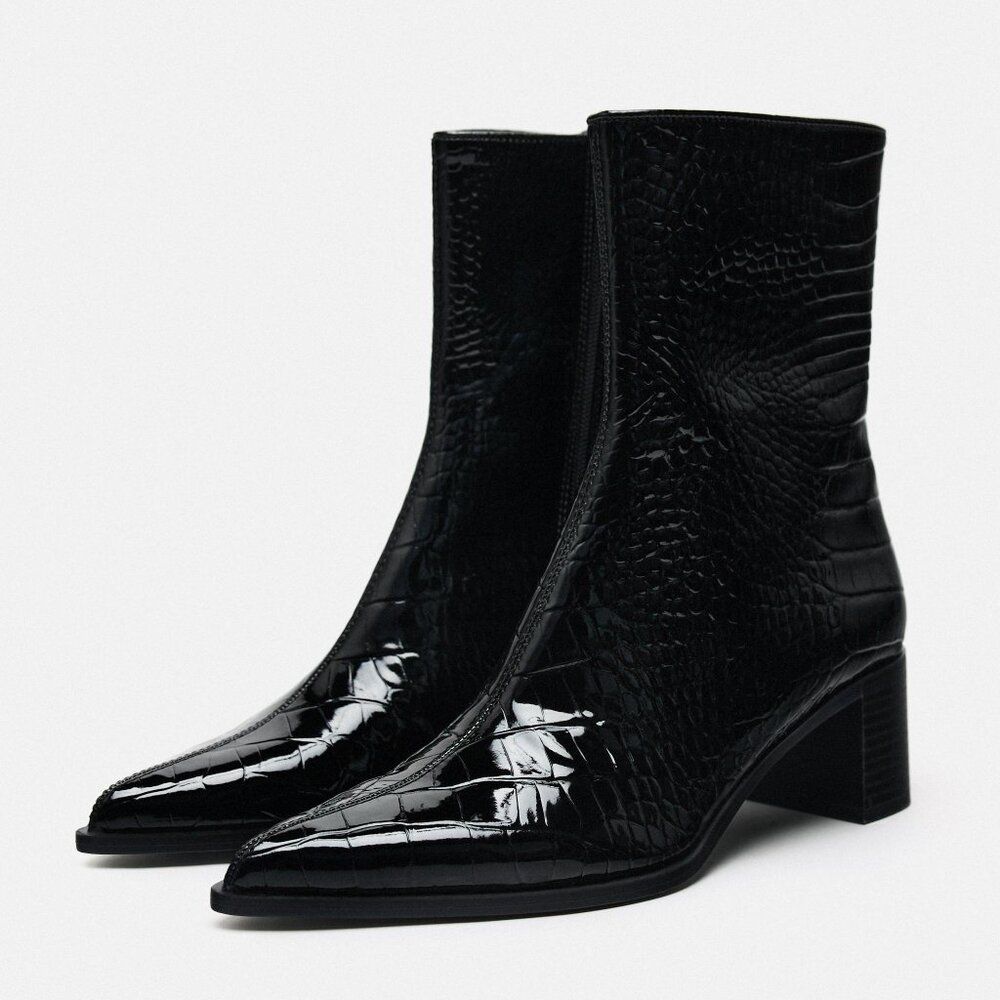 Zara Black Heeled Croc Ankle Boots